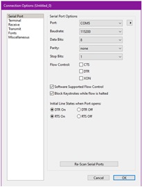 Figure 3. CoolTerm connection options for MAXREFDES277# setup.
