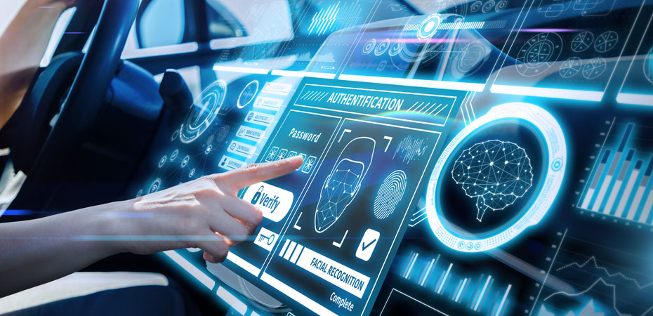 Person in car touching information on a high tech dashboard screen.