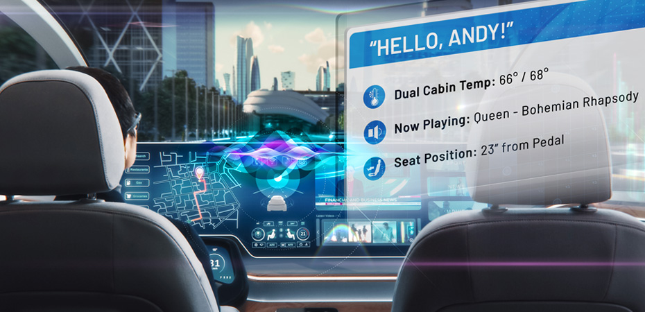 Man in car with a graphic overlay showing a welcome screen. Hello Andy.