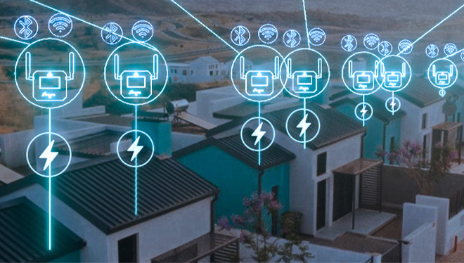 An image of a neighboorhood using the Gridx Meter in their homes to connect to wifi and monitor their energy usage.