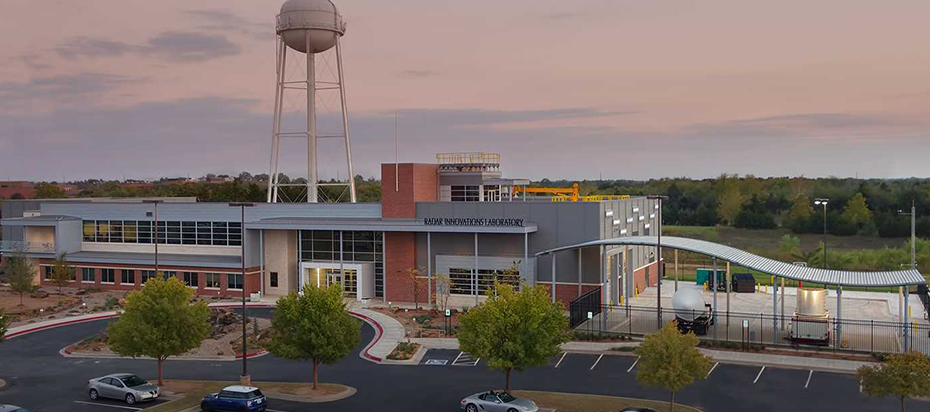 Image shows scenic focus on the Advanced Radar Research Center (ARRC); it is located on the campus of the the University of Oklahoma.