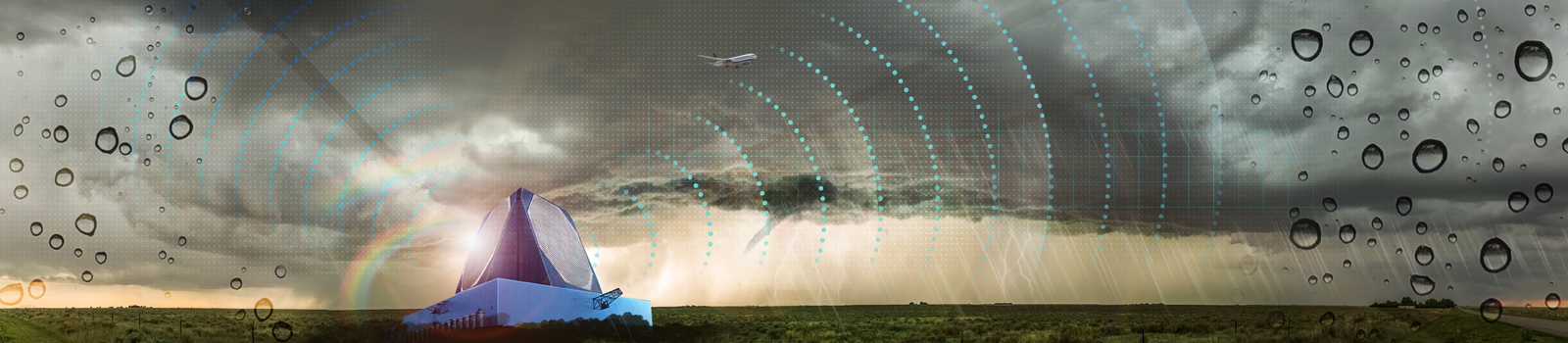 Image shows a countryside landscape with a pending storm in the dark clouds. An All-Digital Radar in the foreground is emitting Parabolic Radar Signals out into the sky and a commercial airplane is flying over the clouds.
