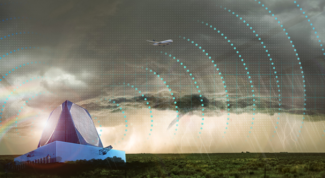 Image shows a countryside landscape with a pending storm in the dark clouds. An All-Digital Radar in the foreground is emitting Parabolic Radar Signals out into the sky and a commercial airplane is flying over the clouds.