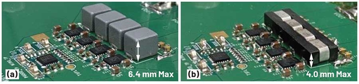 Figure 5. The voltage regulator four-phase building block with inductor footprint that accepts (a) DL = 100 nH (h = 6.4 mm max) and (b) NCL0804-4 (h = 4.0 mm max). Figure 5. The voltage regulator four-phase building block with inductor footprint that accepts (a) DL = 100 nH (h = 6.4 mm max) and (b) NCL0804-4 (h = 4.0 mm max).