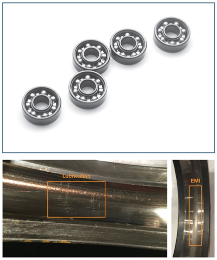 Figure 5. Examples of rolling-element bearings (top) and lubrication and discharge current defects (bottom).