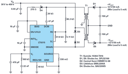 Figure 1. A complete ±12 V/50 mA isolated flyback converter for a wide input range, 30 V to 400 V.