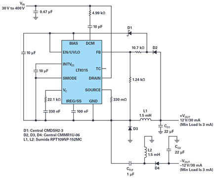 Figure 3. Schematic of a nonisolated dual inductor buck converter using a single LT8315 IC: 30 V to 400 V input to ±12 V outputs at 30 mA each.