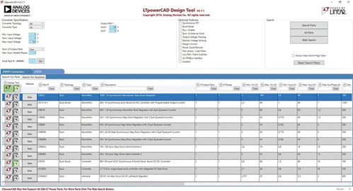 Figure 3. Searching for suitable switching regulator ICs with LTpowerCAD. Figure 3. Searching for suitable switching regulator ICs with LTpowerCAD.