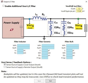 Figure 9. Selecting an LC filter at the output of a switching controller to reduce voltage ripple. Figure 9. Selecting an LC filter at the output of a switching controller to reduce voltage ripple.