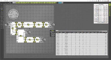 Figure 7. An example design in X-Microwave’s layout tool showing a planned signal chain and highlighting the part selector and BOM functionality.