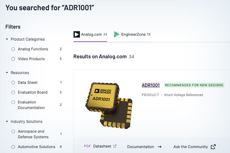 Screenshot of search results on Analog.com.