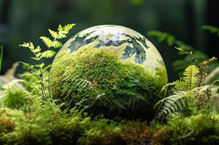 Globe covered in moss and surrounded by ferns, symbolizing environmental sustainability and ecological conservation.