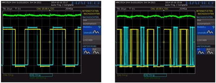 Figure 2. No jitter with stealthChop vs. frequency jitter with spreadCycle