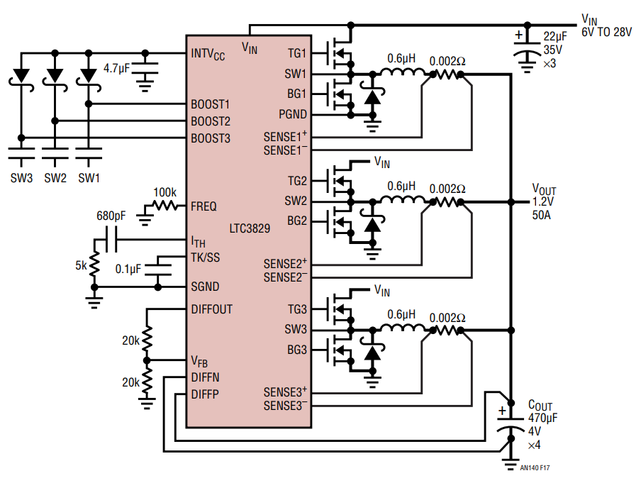 A 3-Phase, Single V<sub>O</sub> High Current Buck Converter Using the LTC3829
