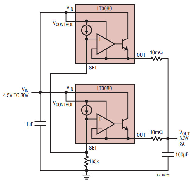 Paralleling of Two LT3080 Linear Regulators for Higher Output Current