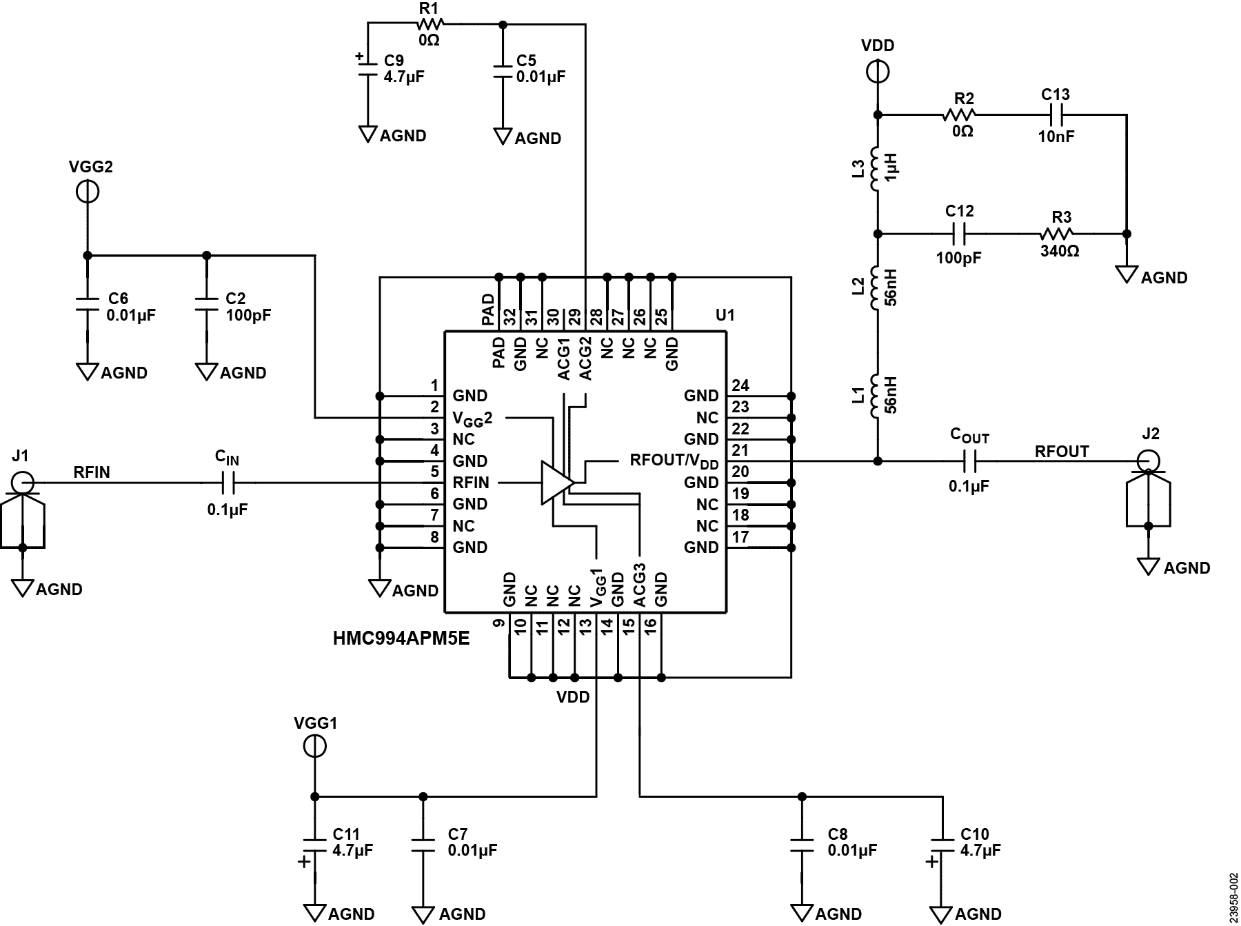 図 4. 表面実装型バイアス・ティーと 10MHz～22GHz の動作に推奨される部品を使用した HMC994APM5E 評価用ボードの回路図