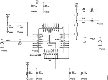 Figure 4. HMC994APM5E Evaluation Board Schematic Using Surface-Mount Bias Tee with Recommended Components for Operation from 10 MHz to 22 GHz