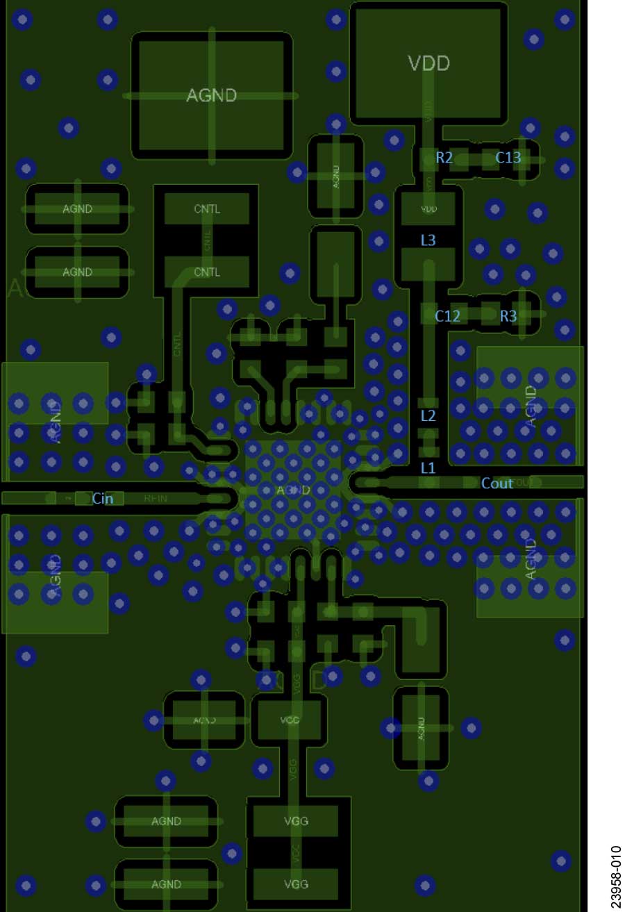 図 11. バイアス・ティーを実装して改良を行ったHMC994APM5E 評価用ボードの上層のレイアウト