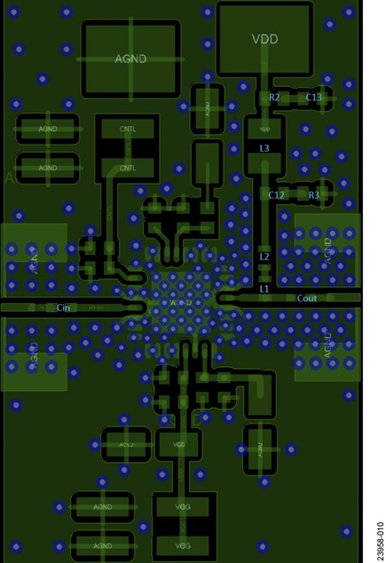 Figure 11. Layout of the Top Layer of the Modified HMC994APM5E Evaluation Board with the On-Board Bias Tee