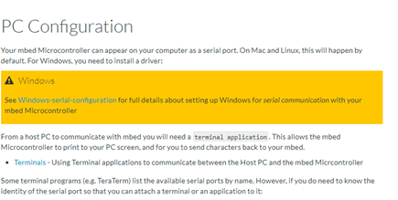 Figure 5. Displays PC Configuration section of the MAX32630FTHR Mbed landing page.