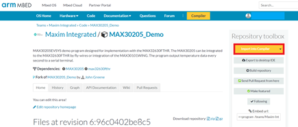 Figure 6. Highlights the Import into Compiler button with a red box on the MAX30205_Demo repository.