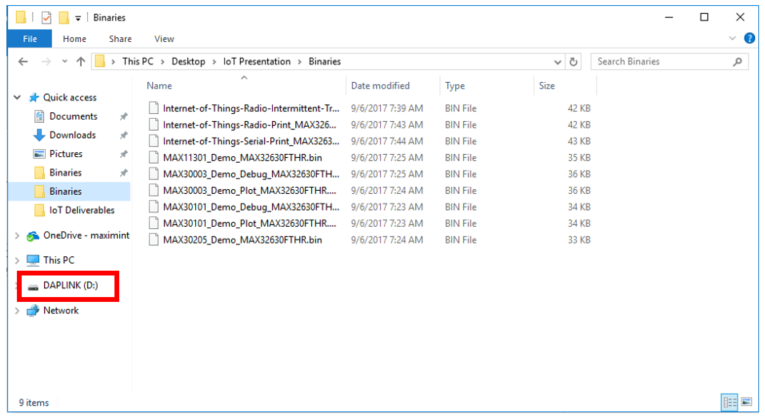 Drag the binary file onto the DAPLINK drive to program the microcontroller.