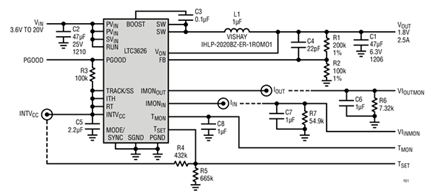 Figure 1. 20V Maximum Input, 2.5A, 2MHz Buck Regulator with Current and Temperature Monitoring