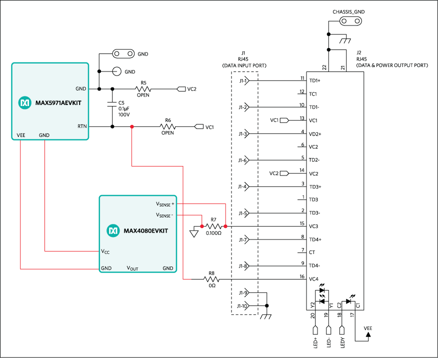 Figure 2. MAX5971A and MAX4080 EV kits and current sense resistor R7 connections.
