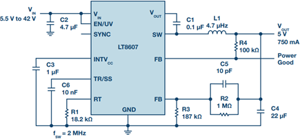 High efficiency LT8607 12 V to 5 V synchronous step-down converter
