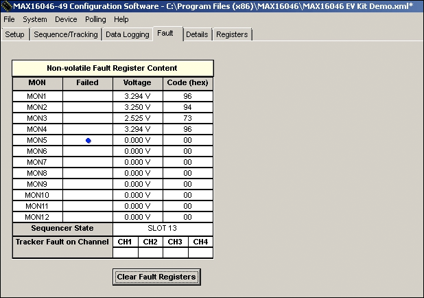 Figure 4. The Fault tab of the MAX16046EVKIT GUI shows the MON5 fault condition logged in EEPROM.