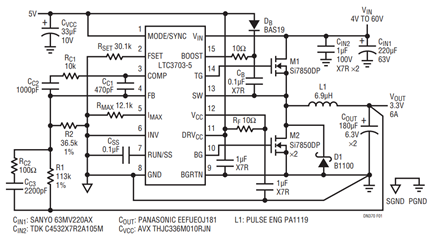 Figure 1. Buck: 48V to 3.3V/6A Synchronous Step-Down Converter.