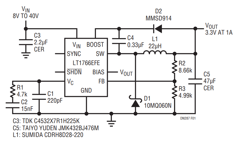 Figure 1. This Low Component Count, 8V to 40V IN, 3.3V at 1A OUT DC/DC Converter Uses All Ceramic Capacitors. (Max Height of 3.0mm)
