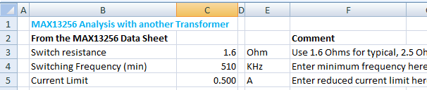 Figure 6. Data entry for MAX13256 general-purpose transformer example, MAX13256 section.