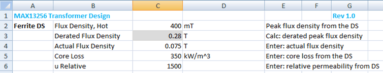 Figure 10. Ferrite data sheet section of the MAX13256 transformer design spreadsheet.