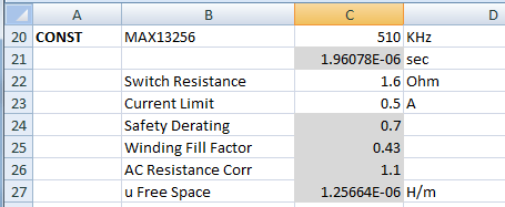 Figure 13. Switching frequency and peak current input to the MAX13256 transformer design spreadsheet.