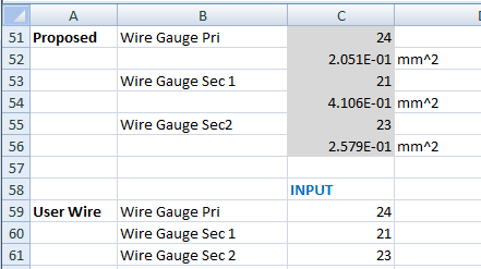Figure 15. User wire section of the MAX13256 transformer design spreadsheet.