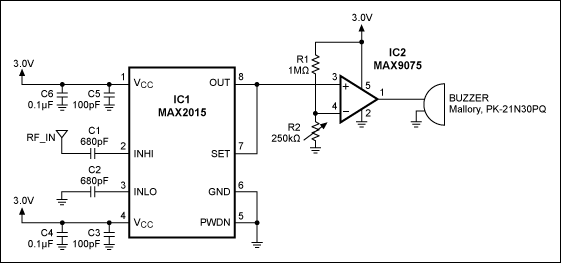 Figure 1. This circuit sounds a buzzer alarm when it detects an RF signal in the range 100MHz to 3000MHz, above approximately -35dBm.