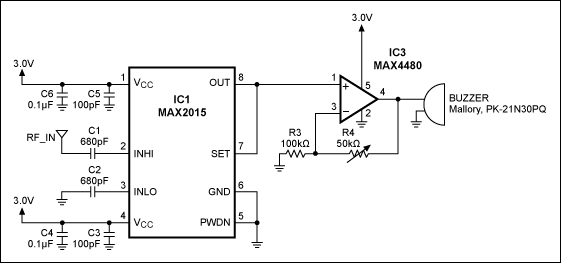 Figure 2. Substituting an op amp for the comparator in Figure 1 enables the audible alarm in this circuit to increase in volume as you approach the RF source.