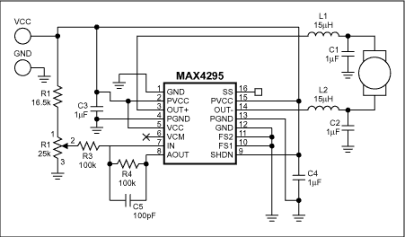 Figure 1. A class D audio amplifier (U1) helps implement this simple motor-speed controller.