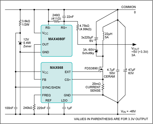 Figure 1. This simple power converter derives +5V (or +3.3V) from -48V.