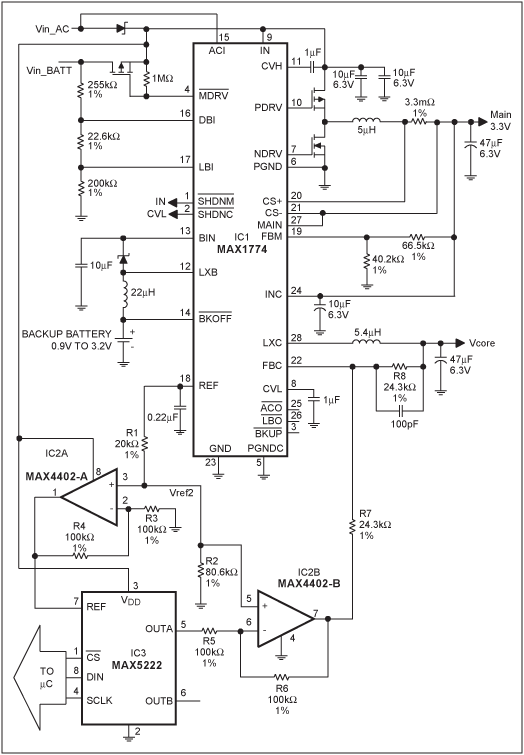 Figure 1. A DAC and dual op amp (IC3 and IC2) add programmable capability to the Vcore output of this multiple-output power supply (IC1).