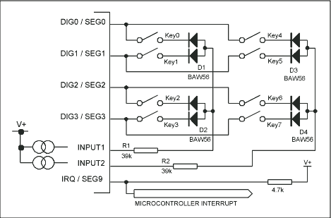 図1. MAX6959 LEDディスプレイドライバへの標準8キーの接続
