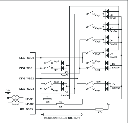 図2. MAX6959 LEDディスプレイドライバへの拡張12キーの接続