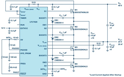 48 V to 24 V/20 A voltage divider with a power density of 4000 W/in3