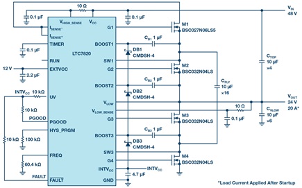 48 V to 24 V/20 A voltage divider with a power density of 4000 W/in3
