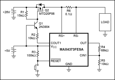 Figure 1. The NPN transistor, Q1, extends the output swing of the comparator output, COUT1, in this circuit breaker.
