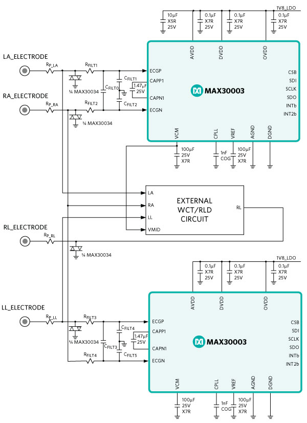 3-lead Holter monitor configuration using two MAX30003s