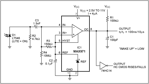 Figure 1. This low-quiescent-current circuit (4µA maximum) interrupts the host processor when it detects an IR signal.
