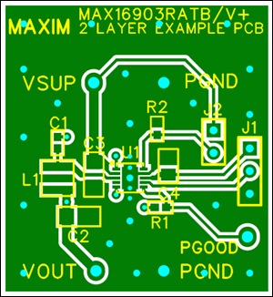 図7. TDFNパッケージを使用した2層PCBレイアウトの例(上層)