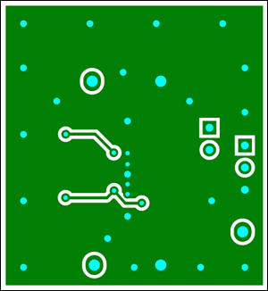 図8. TDFNパッケージを使用した2層PCBレイアウトの例(下層)